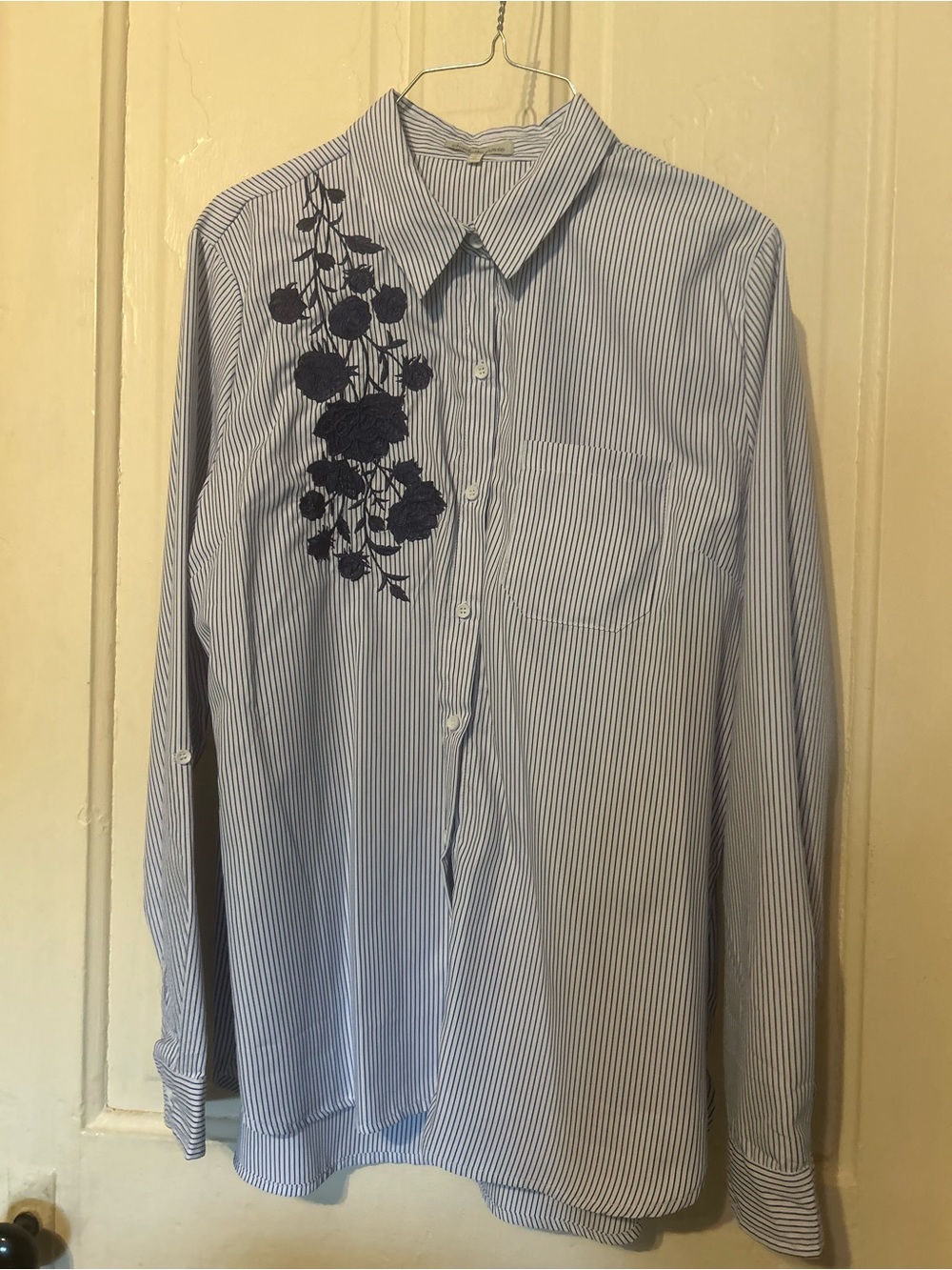 Women’s Light Blue Striped Button-Up Shirt with Navy Floral Embroidery flowers